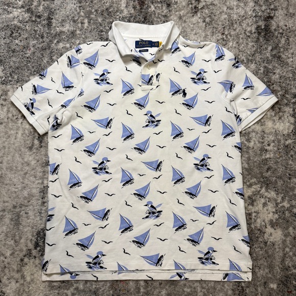 Polo Ralph Lauren Mens Sailboat Print Polo Shirt White Blue Classic Fit Medium - Picture 2 of 7